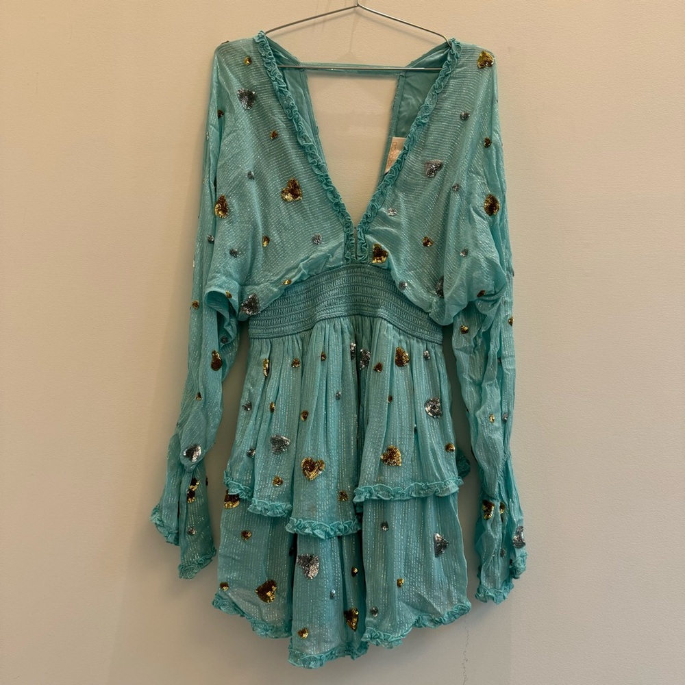 Rococo Sand Teal Dress with Floral Accents